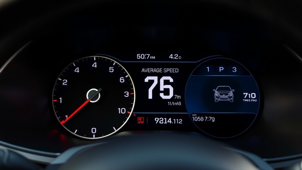 차량 계기판에 표시된 평균 속도와 주행 정보를 확인하는 모습