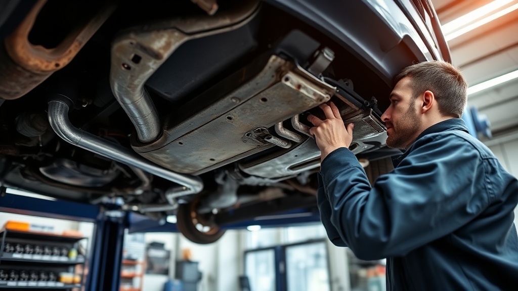 정비소 리프트에 올려진 중고차의 하체 부식 및 누유 상태를 점검하는 정비사의 모습