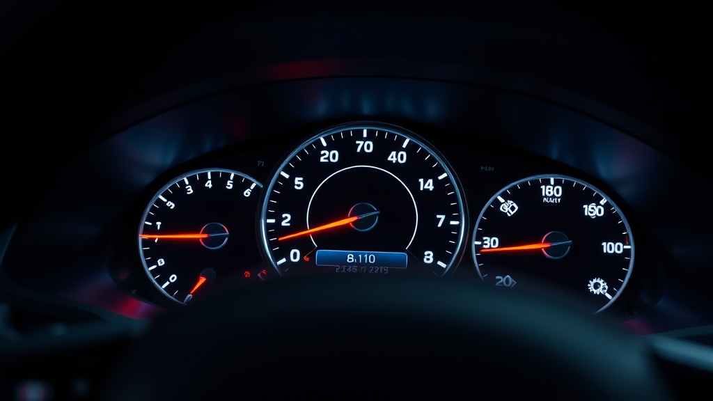 어두운 실내에서 밝게 빛나는 자동차 계기판의 주행거리 표시창을 확인하는 모습