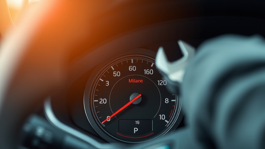 자동차 계기판에 표시된 높은 주행거리와 정기 점검의 중요성을 상징하는 장면