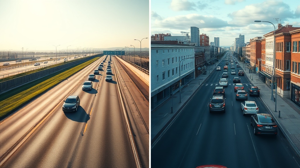 고속도로의 원활한 흐름과 시내 도로의 정체된 상황을 대비하여 보여주는 도로 전경