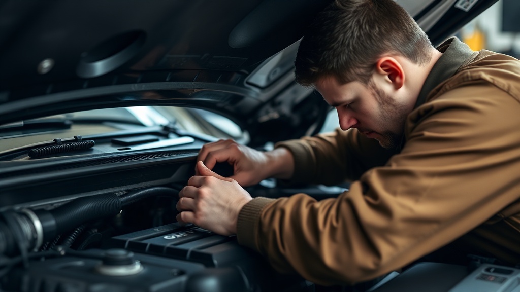 정비사가 엔진룸 내부의 누유 여부를 꼼꼼하게 점검하고 있는 모습
